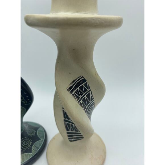 Boho Eclectic pair mismatched hand carved Soapstone candle holder Grey, white - Picture 4 of 7